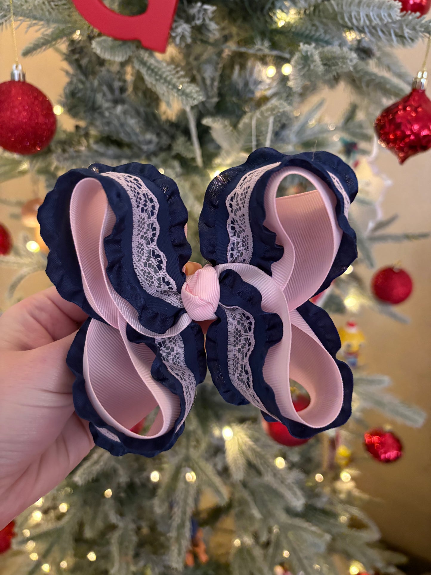 Pink & Navy Ruffle & Lace Boutique Bow - 5 inches