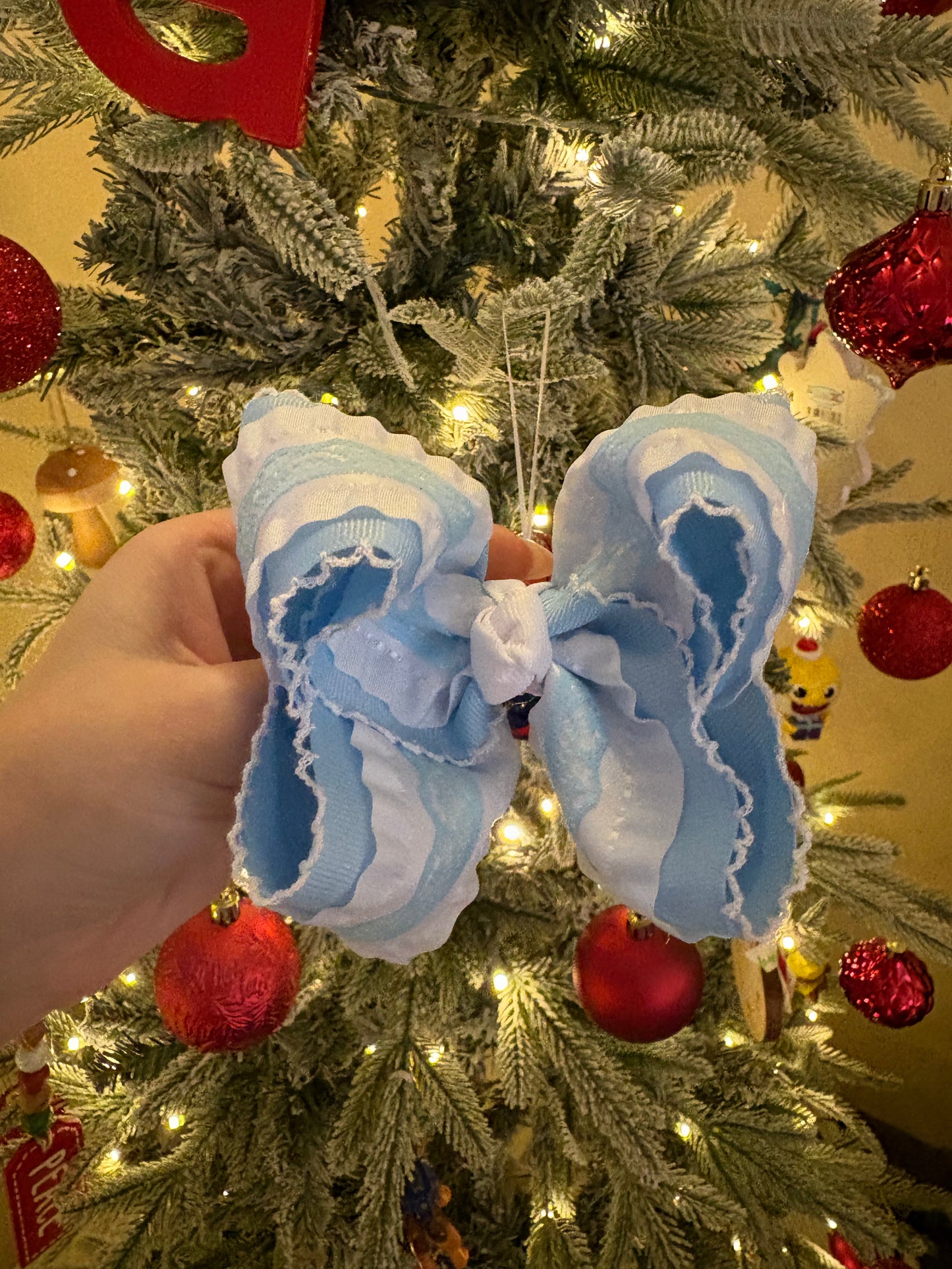 Blue Ruffle & Lace Boutique Bow - 4 inches