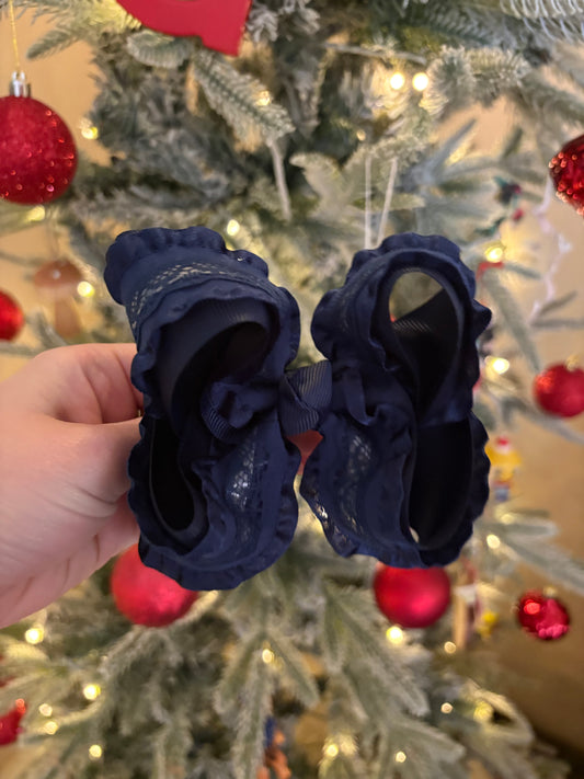 Navy Ruffle & Lace Boutique Bow - 4 inches