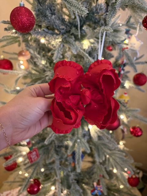 Red Ruffle & Pearl Boutique Bow - 4 inches