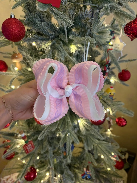 Pink Ruffle & Purple Lace Boutique Bow - 5 inches