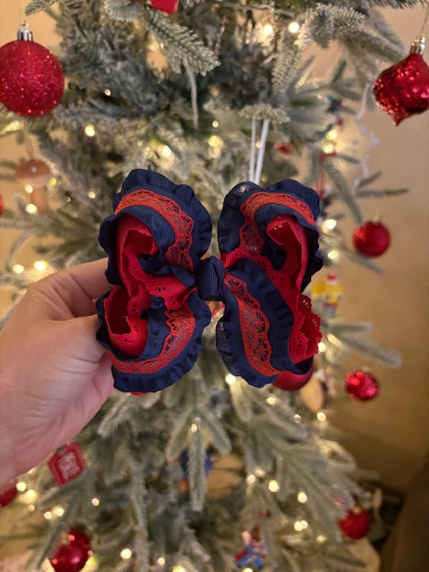 Navy Ruffle & Red Lace Boutique Bow - 4 inches